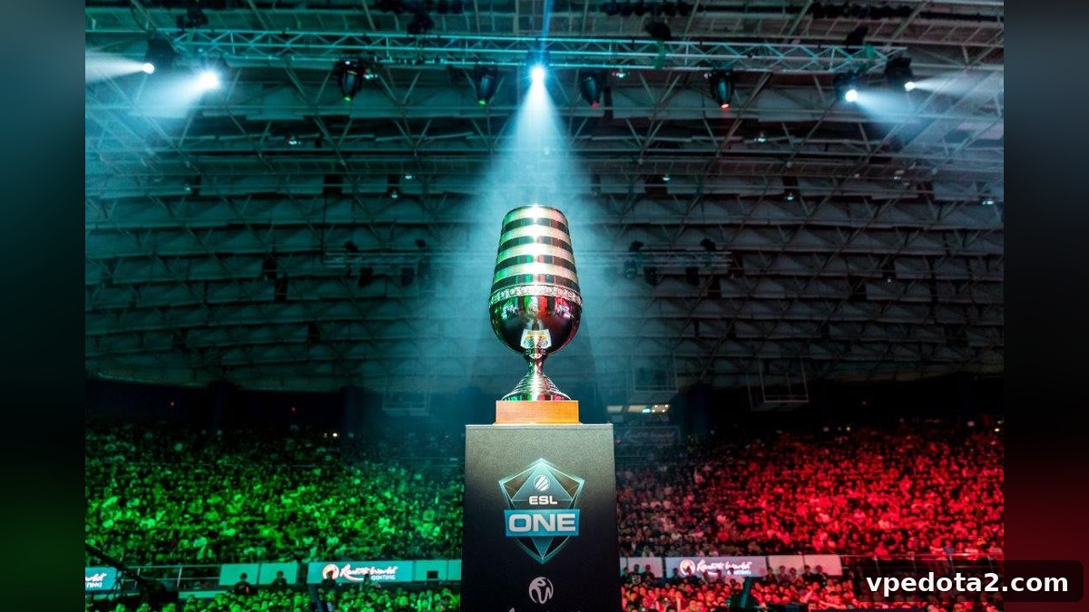 Trofeo de ESL One en una arena. Fotografía de archivo, no un evento de una temporada futura.