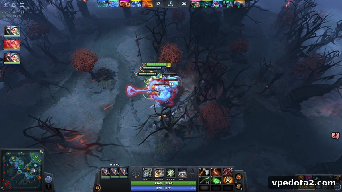Flere Meepo-enheder kæmper mod en neutral lejr i Dota 2