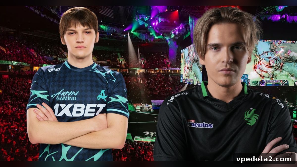Aurora-lagkamraterna Mira och skiter i en Dota 2-eventgrafik