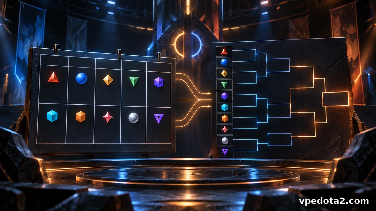 プレーオフブラケットへと続くDota 2トーナメントカレンダーの抽象イメージ