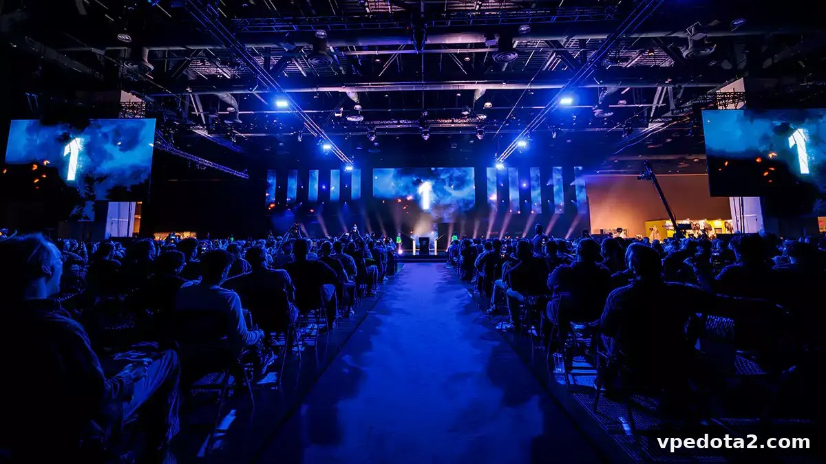An ESL Dota 2 event stage and audience. Archive photograph.