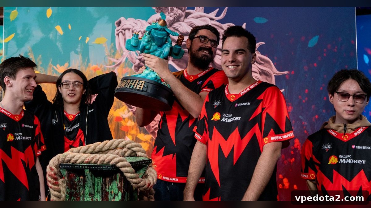 Team Yandex's Dota 2 roster celebrating an earlier title