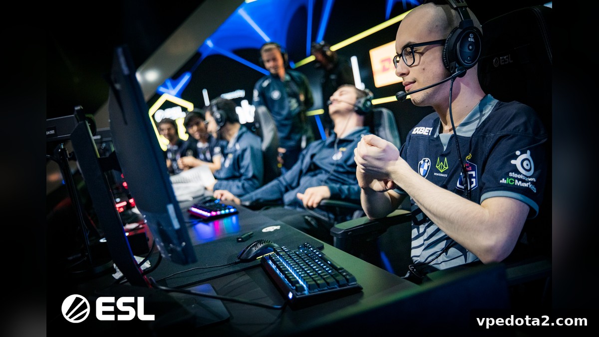 Professional Dota 2 players competing on an ESL tournament stage